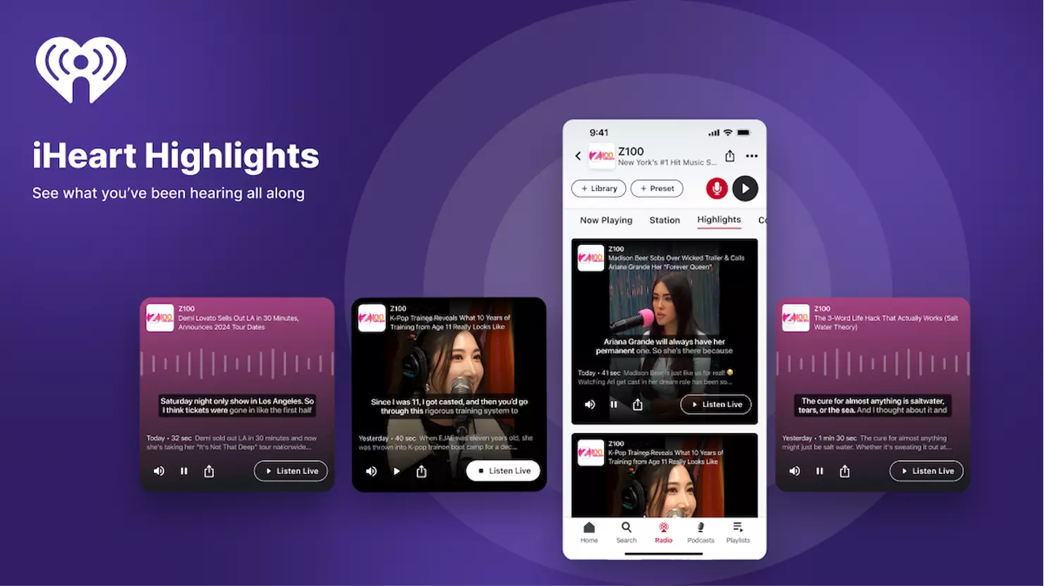 iHeartRadio Highlights feature showing vertical video clips from radio shows in the iHeartRadio app